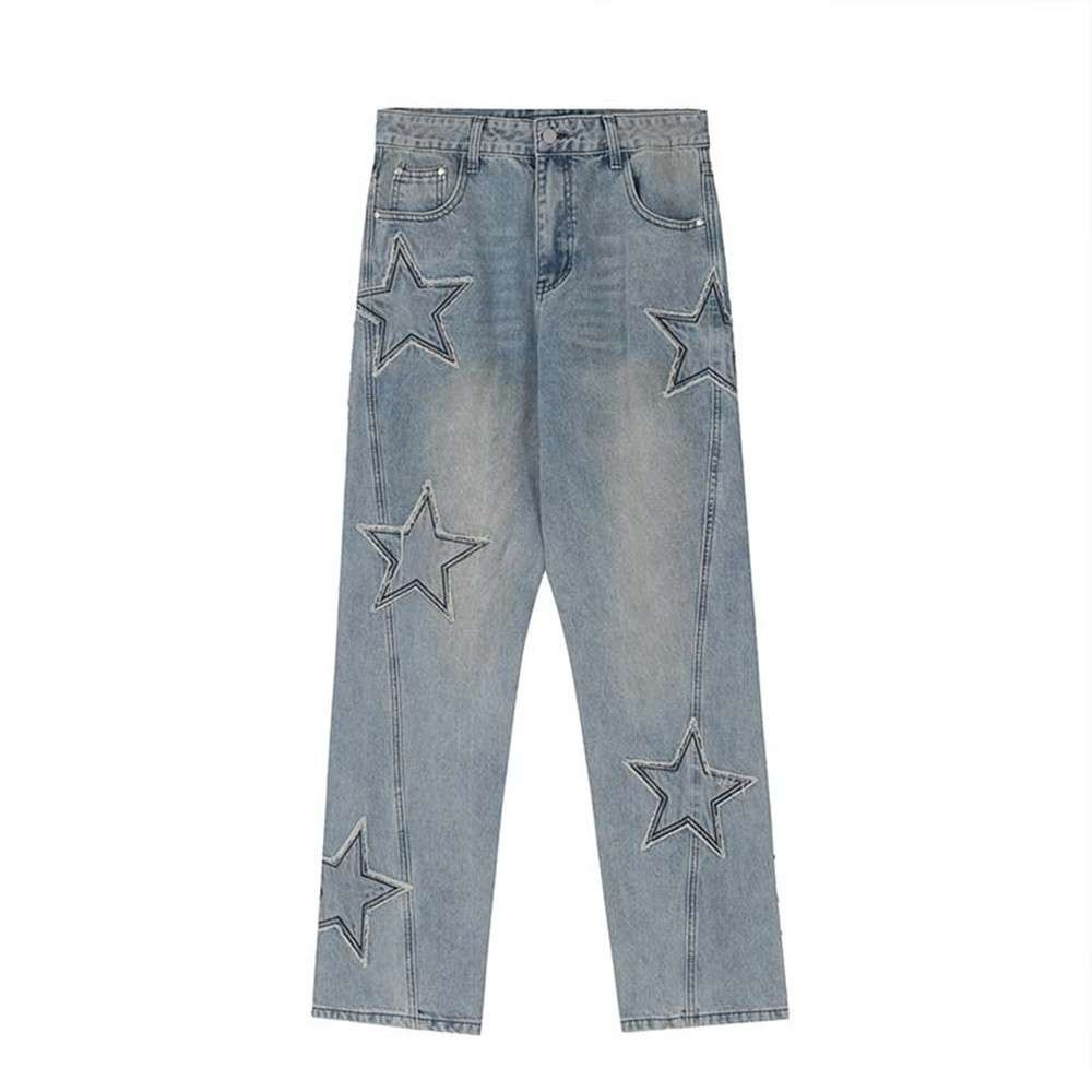 Street Trend Patch Pentagram Cat Whisker Embroidered Jeans Men - rktrader