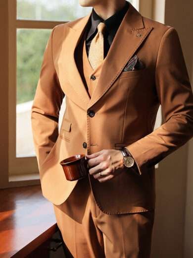 High-end Wedding Bridegroom Suit Suit Closure Collar Suit Three-piece Suit Men Caramel