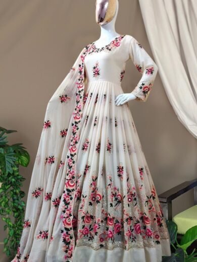 Elegant Cream Anarkali Suit with Floral Embroidery
