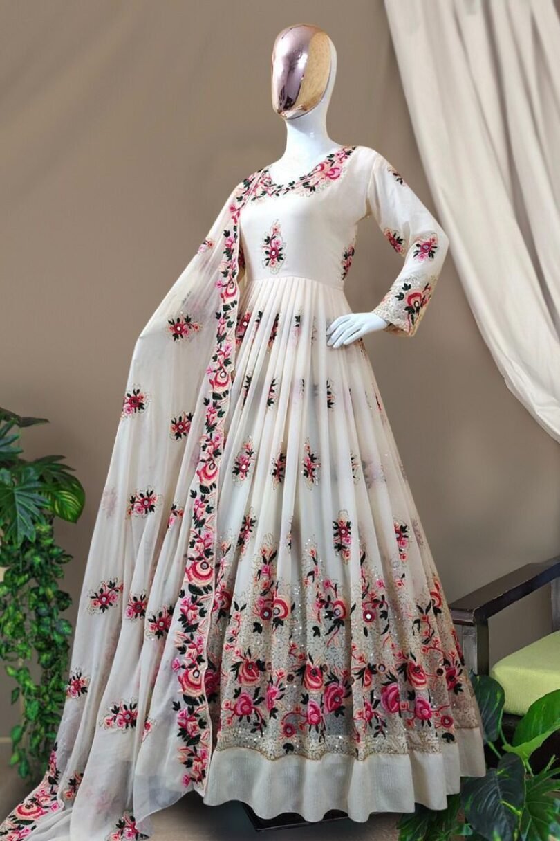 Elegant Cream Anarkali Suit with Floral Embroidery