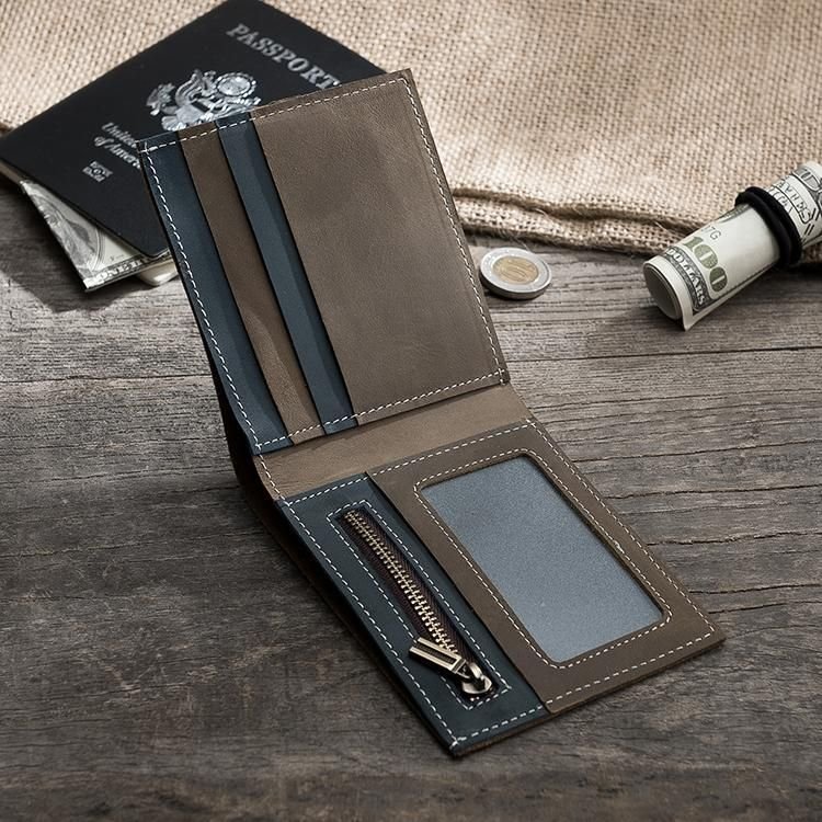 Slim Bi-Fold Leather Wallet with Zipper Pock
